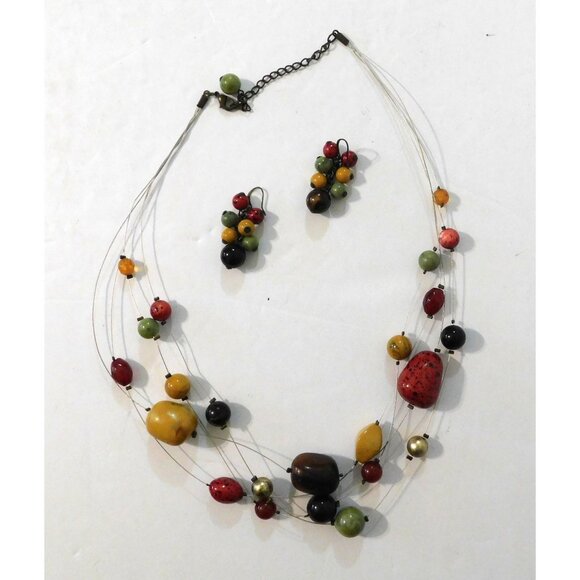 Multicolor Bead Necklace Pierced Earrings Set 4 Strand Wire Adjustable - Picture 2 of 10